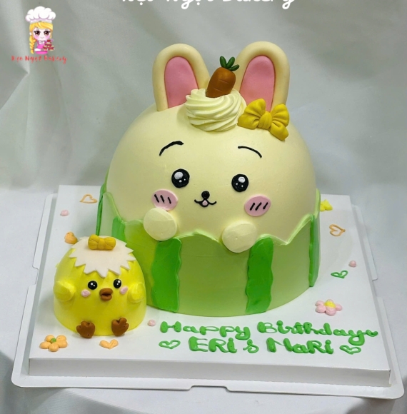 Bánh kem trang trí con thỏ tone xanh lá cây tặng các bé 