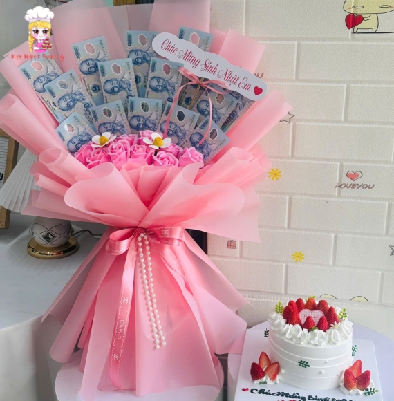 Combo hoa tiền và bánh kem tặng người yêu