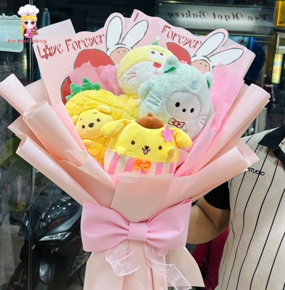 giỏ hoa gấu 4 siêu hot kem nơ hồng tại Kẹo Ngọt