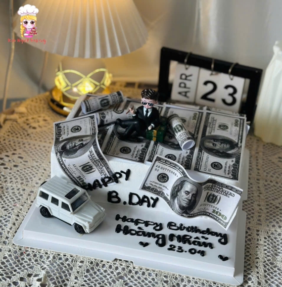 Bánh kem trang trí xe và tiền đô