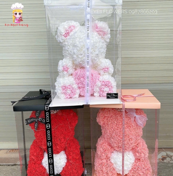 Hộp Gấu bông hoa sáp tặng sinh nhật