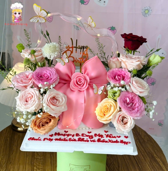 Bánh kem Nơ Luxury tone hồng kèm hoa tươi 