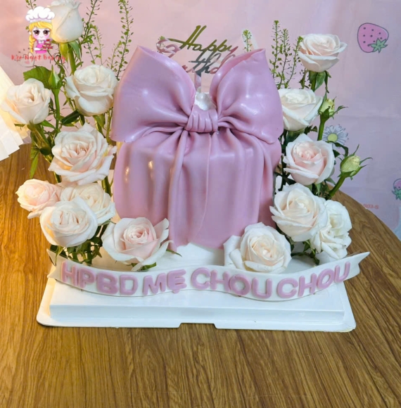 Bánh kem nơ hoa tươi siêu hot màu tím độc lạ