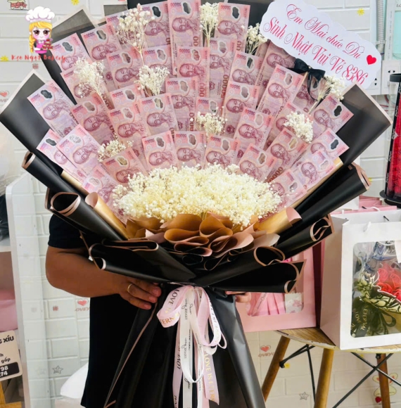 Hoa tiền tờ 50k xinh mix hoa bi