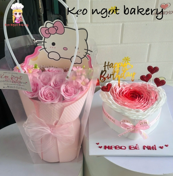 Set bánh kem trái tim và hoa sáp tặng bạn gái 