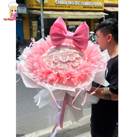 Bó hoa sáp tone hồng nơ lớn 