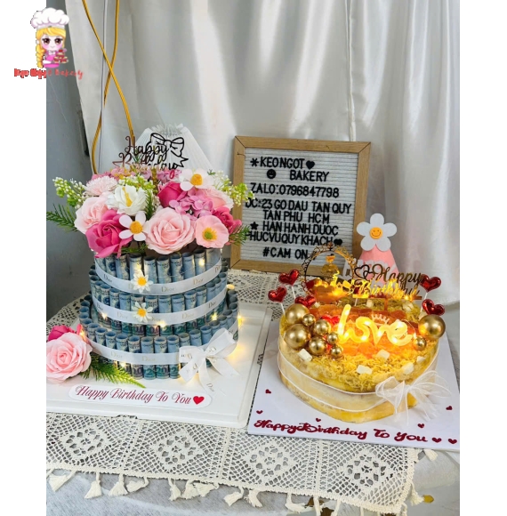 Combo Tháp tiền và bánh bông lan trứng muối