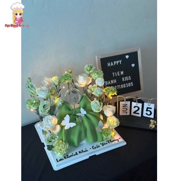 Bánh kem nơ tone xanh