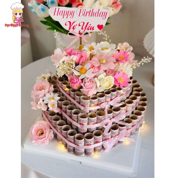 Tháp hoa tiền trang trí 3 tầng bằng tờ 200k tặng vợ yêu
