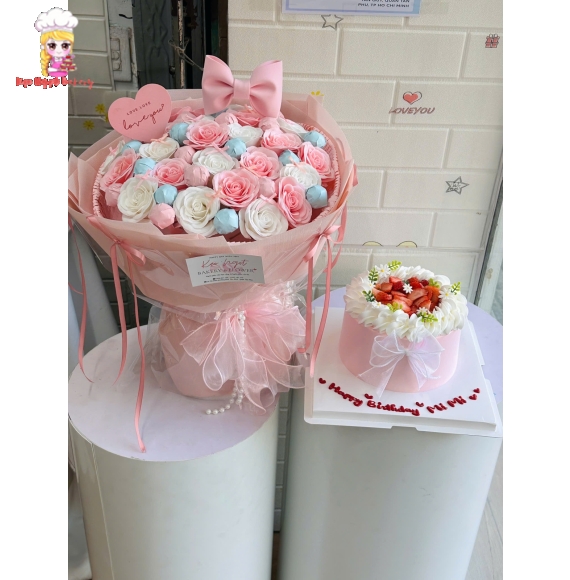 Combo hoa  và bánh kem tặng người yêu siêu cute