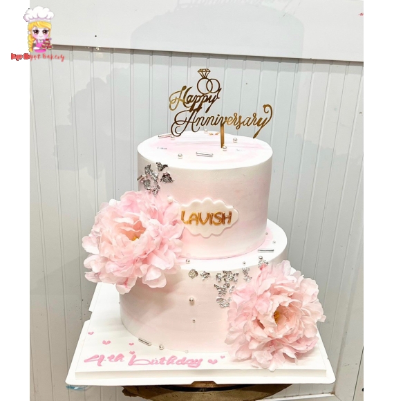 Bánh Kem 2 tầng Hồng phấn hoa giấy gạo