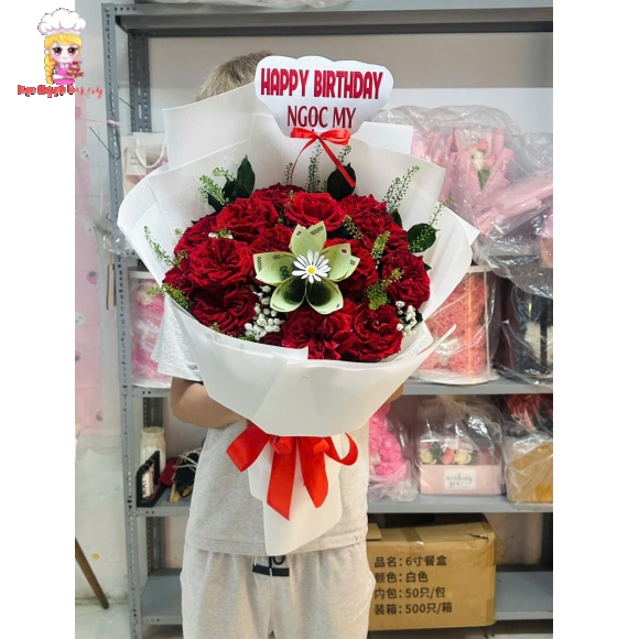 Hoa tiền kèm hoa tươi tờ 100k