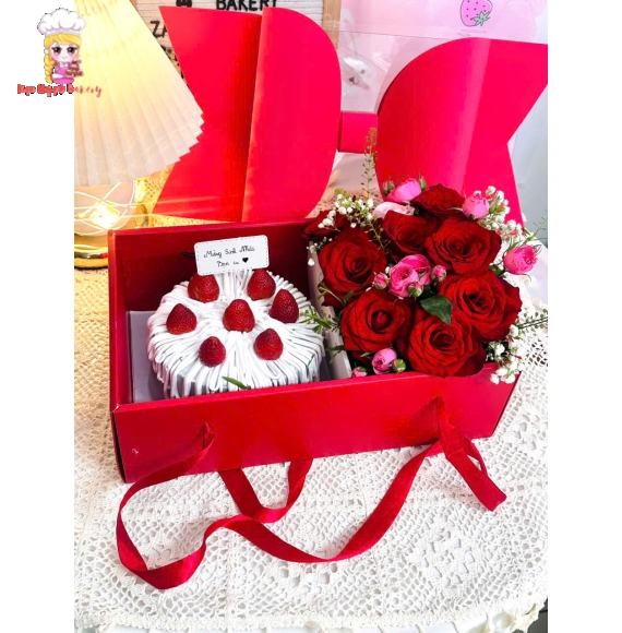 Hộp nơ hoa tươi và bánh kem