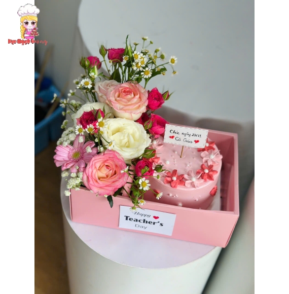Sét hoa và bánh tặng 20/11 tone hồng