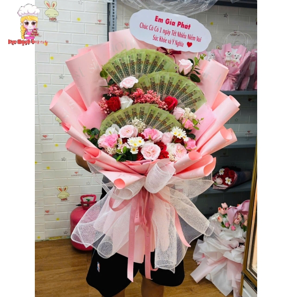 Hoa tiền dáng đứng sếp quạt tờ 100k