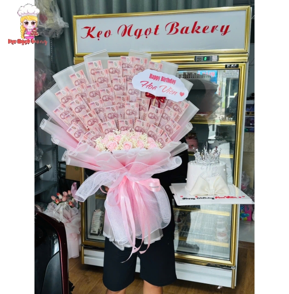 Hoa tiền dáng đứng kèm bánh kem bling bling