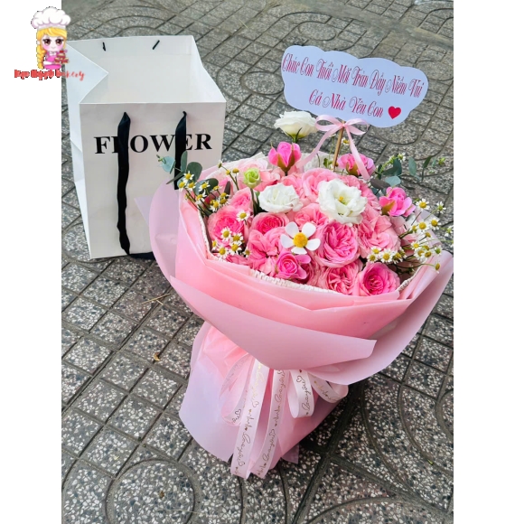 Bó hoa tươi chúc mừng tone hồng