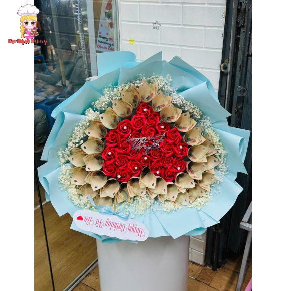 Hoa tiền mẫu trái tim kèm hoa sáp cap cấp