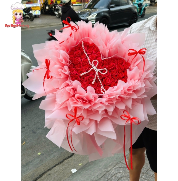 Mẫu bó hoa sáp trái tim tone đỏ cao cấp