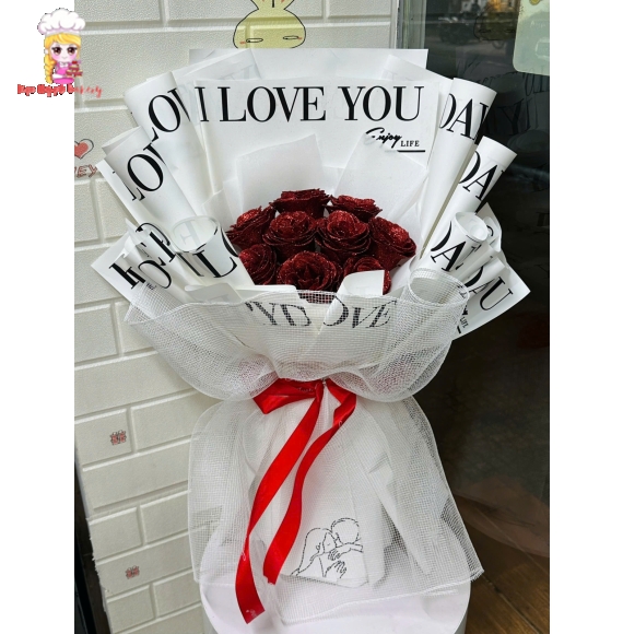 Mẫu bó hoa sáp tone đỏ kim tuyến bling bling