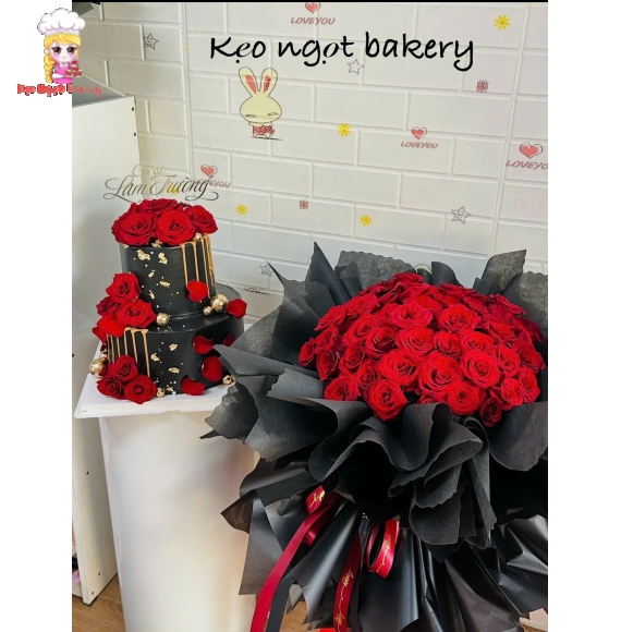 Set bánh kem và hoa tone đỏ siêu sang 