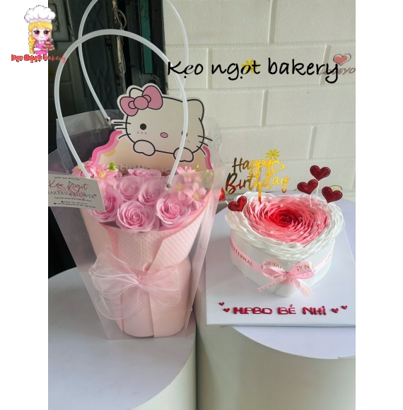 Set bánh kem trái tim và hoa sáp tặng bạn gái 